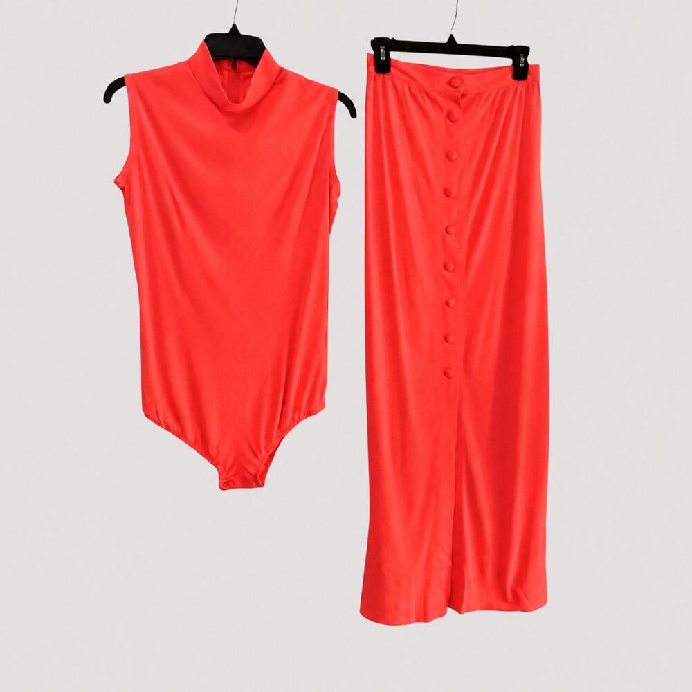 Vintage Deep Coral Bodysuit Maxi Skirt Button Front Size Small 2 Piece Set -